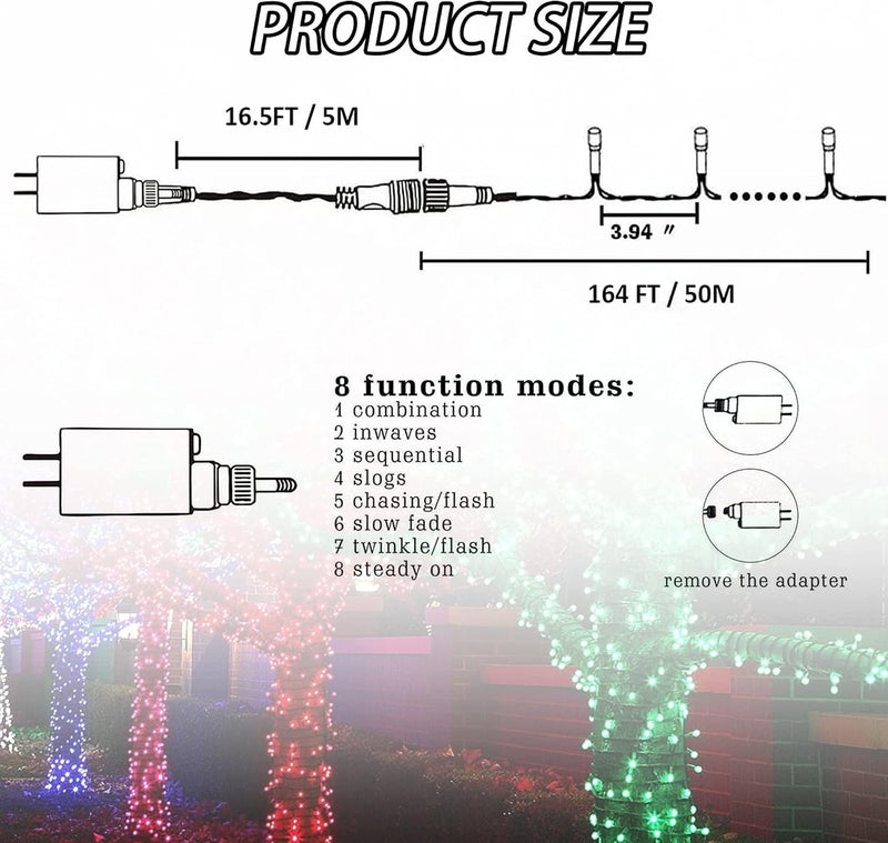 FUNPENY 164FT 500 LED Christmas Indoor Outdoor Decorative String Lights, 8 Modes Waterproof Plug in Green Wire LED Fairy Light for Christmas Party Wedding Garden Home Decoration (Blue) - Image 3